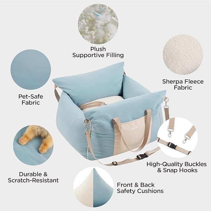 Lesure Small Dog Car Seat for Small Dogs - Soft Dog Booster Seat for Car with Storage Pocket and Clip-On Safety Leash and Thickened Memory Foam Filling, Pet Travel Carrier Bed, Light Blue