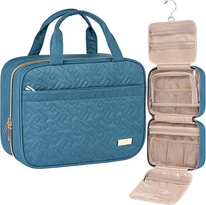 NISHEL Travel Toiletry Bag for women, Portable Hanging Organizer for Travel-Sized Shampoo, Conditioner, Brushes Set, Makeup Accessories, Medium Size, Lake-Blue