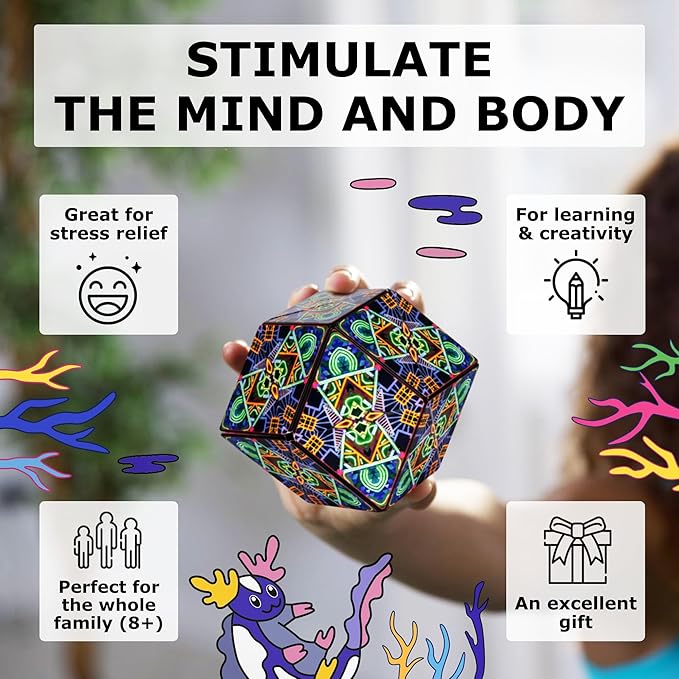 SHASHIBO Shape Shifting Box - Award-Winning Fidget Toy w/ 36 Rare Earth Magnets - Fidget Cube Transforms Into Over 70 Shapes, Sensory Toy Gift for Kids, Teens, and Adults (Glowquarium)