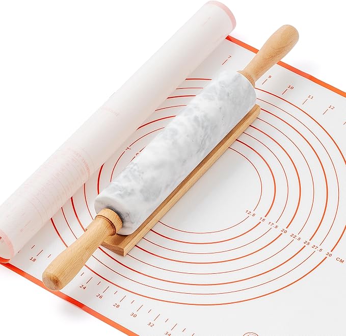 Marble Rolling Pin with Non-Stick Silicone Mat & Wood Base, 16.9-Inch Heavy