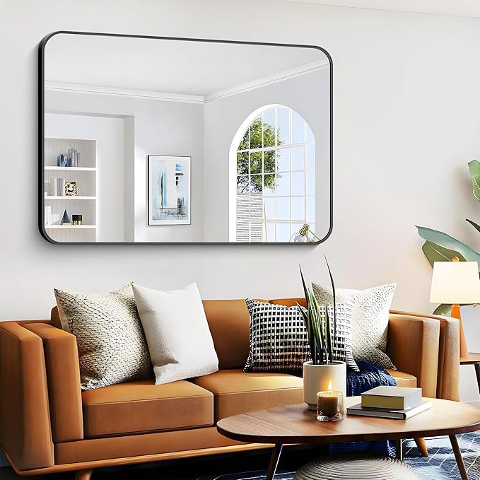 Large Bathroom Mirror, 60 x 40 inch Black Rectangle Mirror, Metal Framed
