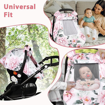 Pea Pod Car Seat Cover for Baby Girls, Floral Infant Car Seat Canopy Cover for Newborn, with 2 Layers Windows of Breathable Mesh/Fabric, 3D Minky Dot Backing, Ultra Soft & Comfortable
