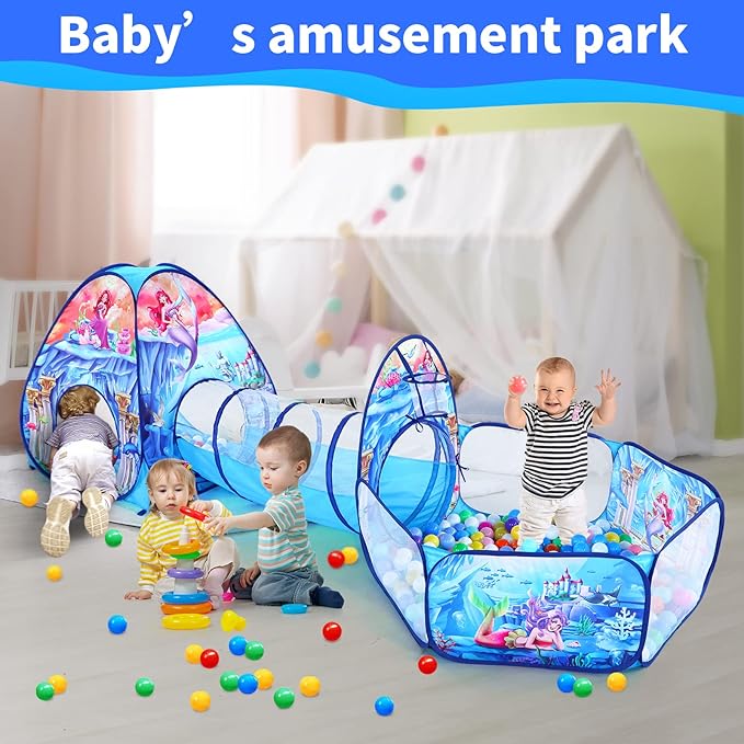 3 in 1 Kids Mermaid Play Tent for Toddler with Baby Ball Pit and Play Tunnel, Children Indoor Outdoor Playhouse with Crawling Tunnel Toy for Toddlers (3pc Mermaid Ball Pit)