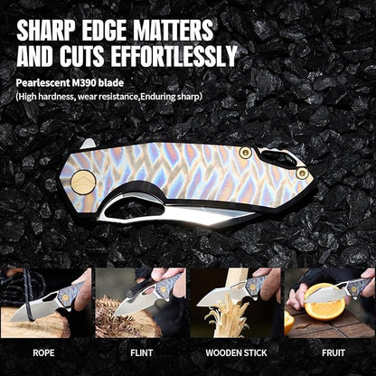 Folding Knife pocket knife EDC Knife With Clip Survival knife Camping knife - M390 Steel Titanium Handle - Outdoor Hiking Survival Hunting knife with Sheath (Colourful)