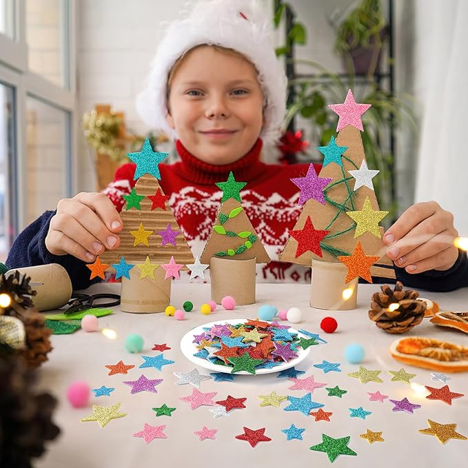JULBEAR Colorful Glitter Star Foam Sticker, 300Pcs Stars Shapes Glitter Self Adhesive Foam Stickers for Kids Party Favors Toddler DIY Crafts Supplies Home Decorations
