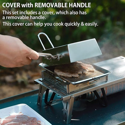 CAMPINGMOON Grill Griddle Plate for Camping Grilling 304 Stainless Steel DO-21,DO-2117 L 8.3'' x W 5.5'' x T 0.16'' Extra-thick with Removable Handle (Plate with Cover (DO-2117))