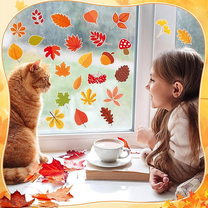 MARFOREVER 25 PCS Fall Window Gel Clings, Reusable Autumn Maple Leaves Thick Gel Clings Decals Thanksgiving Window Stickers for Kids Classroom Toddlers Home Party Supplies Window Glass Decorations