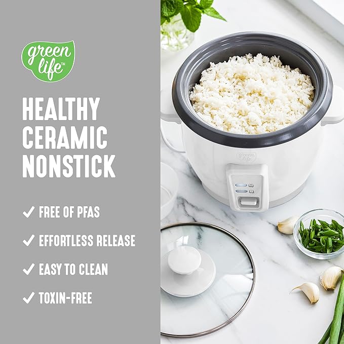 GreenLife Rice Cooker with Removable PFAS-Free Ceramic Nonstick Pot, 3-Cups