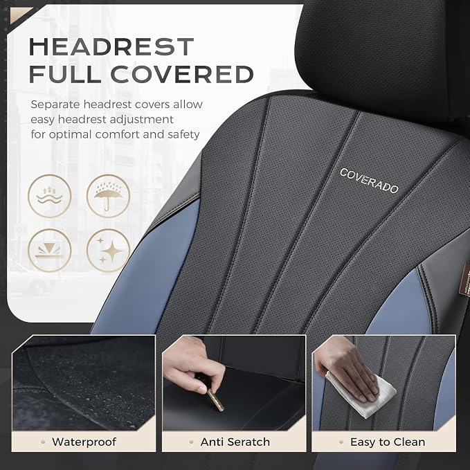 Coverado Car Seat Covers Full Set, 5 Seats Waterproof Nappa Leather Automotive Seat Protectors, Front & Rear Luxury Mesh Seat Covers, All-Weather Universal Fit for Most Cars SUVs, Trucks, Blue&Black