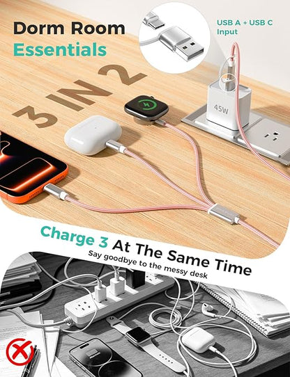 2Pack Travel Essentials for Apple Watch Charger,Cruise Vacation Camping Essentials,iPhone Charger,Multi Charging Cable,3 in 2 Charging Docks for iWatch Series 11-2/Ultra,iPhone 17-12,Car,Pink