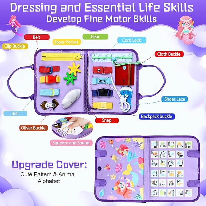 Esjay Toddler Busy Board Montessori Toys for Girls, Sensory Board Educational Activities Learning Fine Motor Skills, Birthday Gifts for Girls Toddlers, Travel Toys for Airplane Car, Purple Merpeople