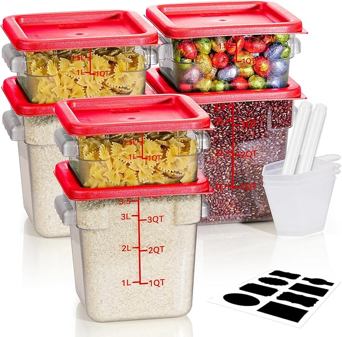 2QT4QT NSF Food Storage Containers: 6PCS [Food Grade][Hot&Cold Resistant] Commercial Clear Food Storage Containers with Lids for Restaurant Kitchen Proof Dough, Measuring Spoons Included(Red)