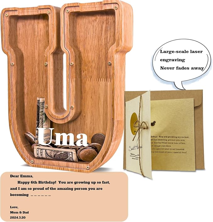 Personalized Wooden Letter Piggy Bank for Kids Larger Letter Piggy Bank for Boys and Girls Initial Coin Bank Customized Piggy Bank Perfect Wood Kids Money Bank for Birthday and Festival