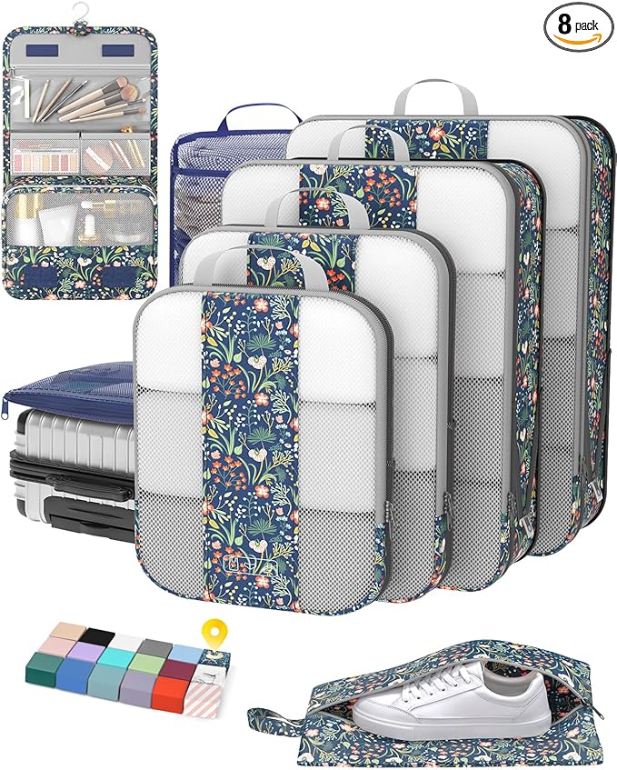 OlarHike 8 Set Compression Packing Cubes for Travel Essentials,Compressible Expandable Space Saver Bags for Organizing Clothes,Luggage Garment Bags with Over 1000 pcs Mesh Holes(Dark Blue Floral)