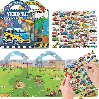 2 Pack Puffy Sticker Books for Kids Ages 3-5, Construction Truck and Vehicle Car Stickers for Toddlers Boys, 3D Reusable Stickers Books for Toddlers, Activity Book for Boys Party
