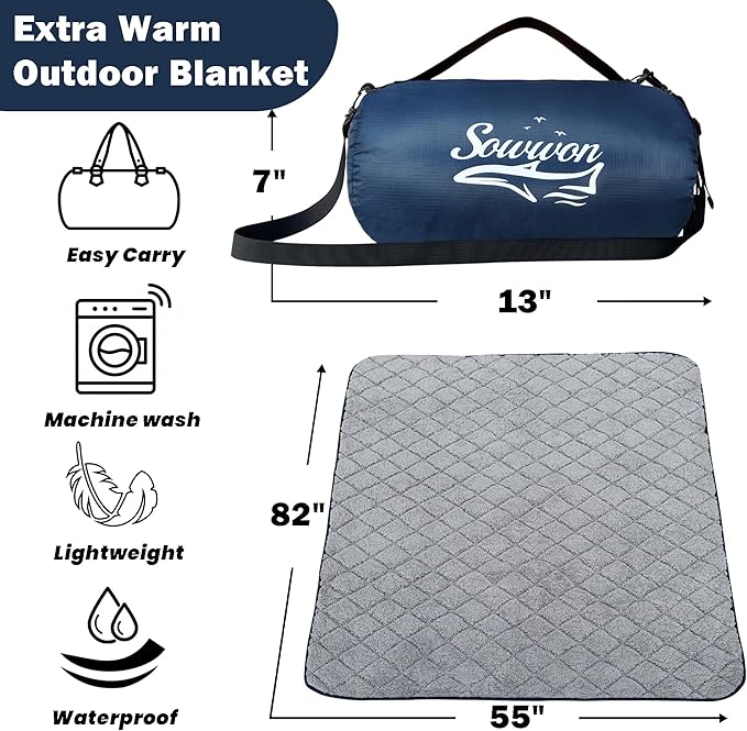 Waterproof Outdoor Blanket 82”X 55” Packable, Stadium Blankets for Camping with Sherpa Fleece Lining, Large Windproof Emergency Throw Mat for Garss Picnic Hiking Road Trip, Machine Washable, Navy