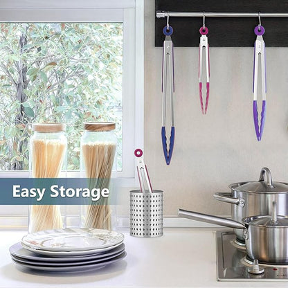 Kitchen Tongs Set of 3, Cooking Tongs with Silicone Tips, Non-Scratch Heat Resistant Tongs for Grilling Cooking BBQ Salad Buffet (Pink/Purple/Navy, 7/9/12 Inch)