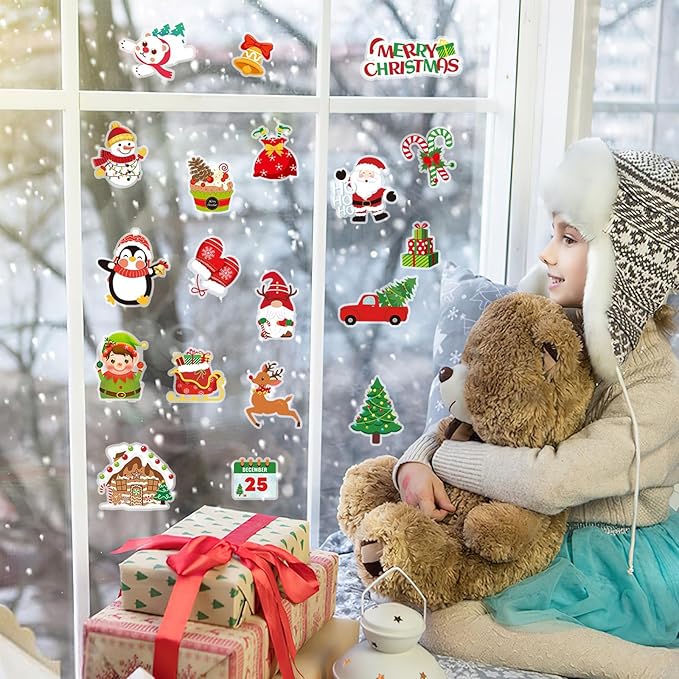 MARFOREVER 50Pcs Christmas Window Gel Clings Stickers Removable Reusable Xmas Snowflake Winter Window Clings Decals Stickers for Kids Classroom Home Christmas Holiday Party Supplies Decorations