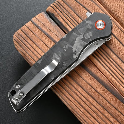 FF19 Folding Pocket Knife，D2 Steel Blade Carbon Fiber Handle EDC Tool Knife for Outdoor Camping Hunting Fishing Working(Black)