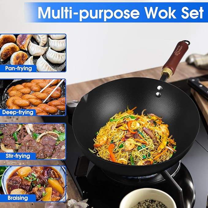 10 Inch Carbon Steel Wok For Electric, Induction and Gas Stoves (Lid and User Guide Video Included)