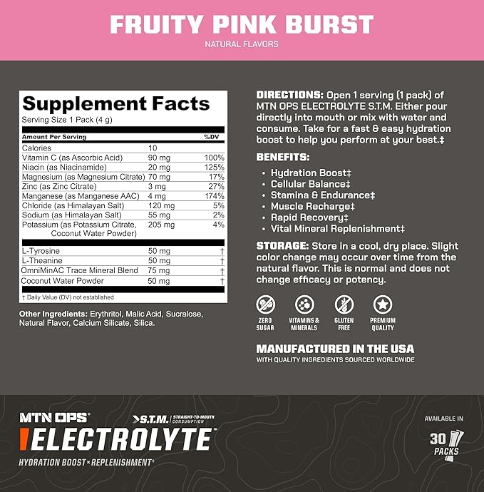 MTN OPS Electrolytes Powder Packets, Sugar Free Hydration Packets, Gluten-Free Hydration Powder, Electrolyte Packets STM ?œStraight to Mouth??- Variety Pack of 3 Flavors, 30 Packs