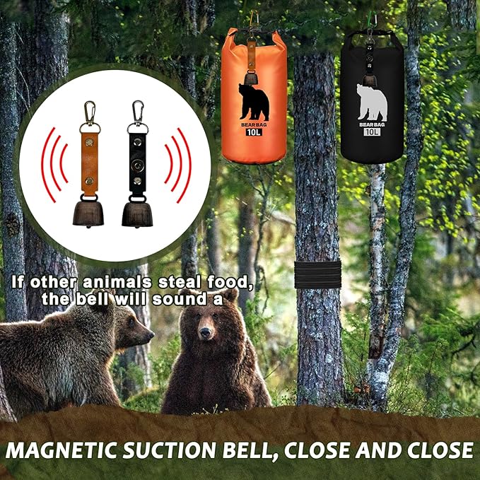 2 Pcs 10L Waterproof Bear Bags with 4 Nylon Ropes, 4 Clips & 2 Rock Pockets & 2 Small Warning Bells for Hanging Food securely. Ultralight Camping Food Bag System.
