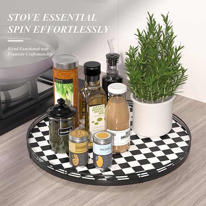 18" Black and White Kitchen Lazy Susan Turntable, Round Checkered Decorative