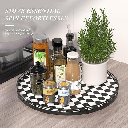 18" Black and White Kitchen Lazy Susan Turntable, Round Checkered Decorative