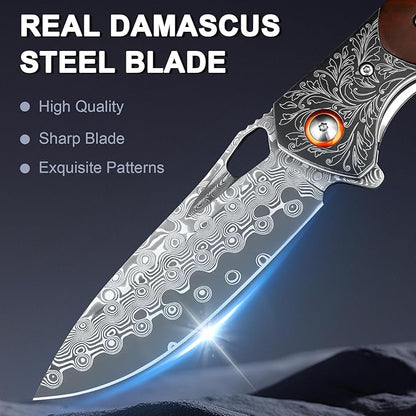 Damascus Pocket Knife with Sheath, 3.35" Damascus Steel Blade Knife with Wooden Handle, EDC Pocket Knives & Folding Knives for Outdoor Camping, Ideal Gifts for Men Women