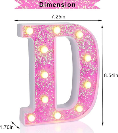Foaky Pink Light up Letters，Pink Party Decorations,Girls Room Decor,Glitter Light Up Letters,Alphabet Letter Sign for Night Light Birthday Party Girls Gifts, Home Bar Decoration（D）