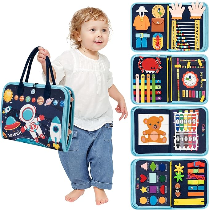 Toddler Busy Board Book Montessori Toys for 1 2 3 4 Years Old,Sensory Board Educational Activities for Learning Fine Motor Skill,Toy for Boy & Girl Birthday Gift,Toddler Toy for Airplane Car Travel﻿