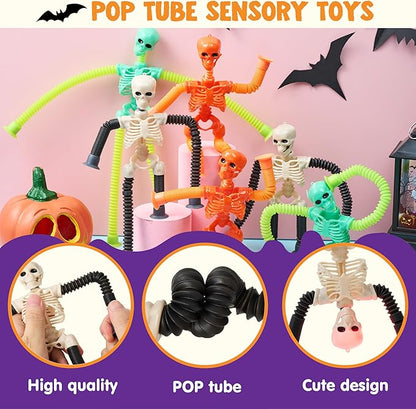 JOYIN 6 PCS Halloween Pop Sensory Tube Stretchy Toys, Glow in The Dark Fidget Toys for Halloween Party Favor Goodie Bag Fillers, Stress Relief Telescopic Suction Cup Skeleton Toys for Kids Gift