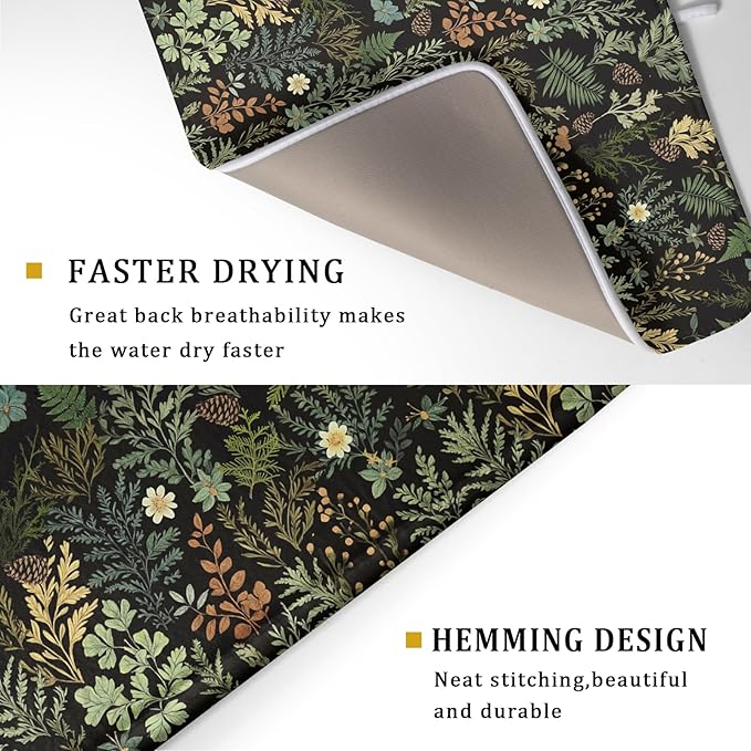 Black Green Botanical Dish Drying Mat