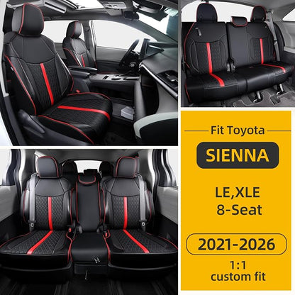 Custom Fit Sienna Seat Covers for 2021-2026 Toyota Sienna LE XLE 8-Seat, Waterproof Faux Leather Full Set Airbag Compatible 3-Row Car Seat Protectors (Black+red)
