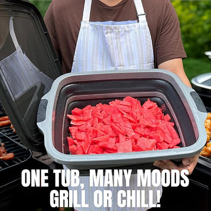 Collapsible Large (8L) BBQ Marinating Tub w/Cutting Board | Multipurpose Food-Grade TPE Prep Tub w/Lid | Built-in Colander & Drain Plug - for Camping | Tailgate | Picnic - Slate Black