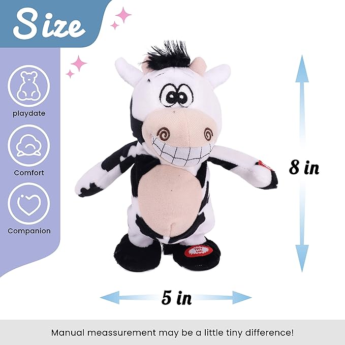 Hopearl Talking Singing Cow Repeats What You Say Walking Electric Interactive Animated Toy Speaking Plush Buddy Gifts for Toddlers, 8''