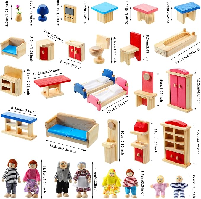 Sumind Wooden Doll House Furniture and Accessories Set With 27 Pieces Furniture, 8 Family Figures for Dollhouse Family Set