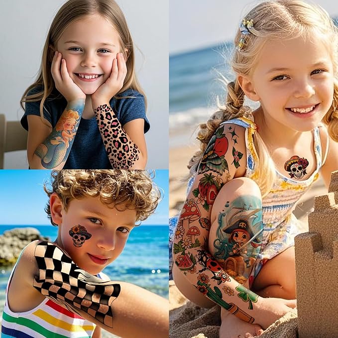 52 Pcs Temporary Tattoo for Kids Full Arm Mermaid Butterfly Cat Truck Dinosaur Rocket Planet Cute Animal Body Face Fake Arm Tattoos for Girls Boys Tiny Tattoo Stickers Birthday Gifts Party Supplies