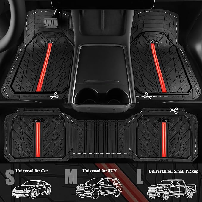 CAR PASS Rubber Floor Mats for Cars, Car Mats Full Sets DeepDish,Universal S~L Size Trim-to Fit Automotive Floor Mat for Truck Van SUV, Heavy Duty Waterproof All-Weather Floor liners Durable Black Red