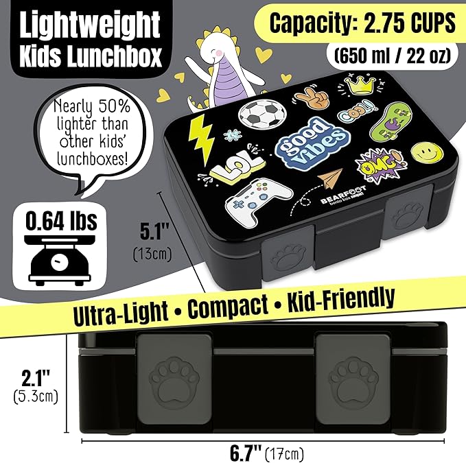 BEARFOOT Kids Lunch Box with Compartments – Compact & Lightweight | Leak-Proof, BPA-Free, Dishwasher & Microwave Safe | Hand-Drawn Design for Preschool, School, Travel (Sticker Black, 2.75 Cups)