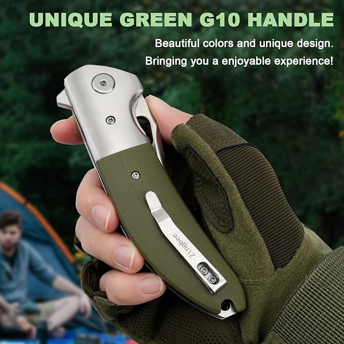 Pocket Knife with Clip, 3.7" 14C28N Blade EDC Folding Knife with Green G10 Handle, Outdoor Camping Folding Knives for Men Women