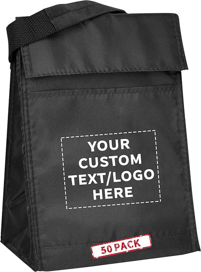 DISCOUNT PROMOS 50 Hook and Loop Insulated Lunch Bags Set - Customizable Text, Logo - Polyester, Durable, Vibrant, Reusable - Black