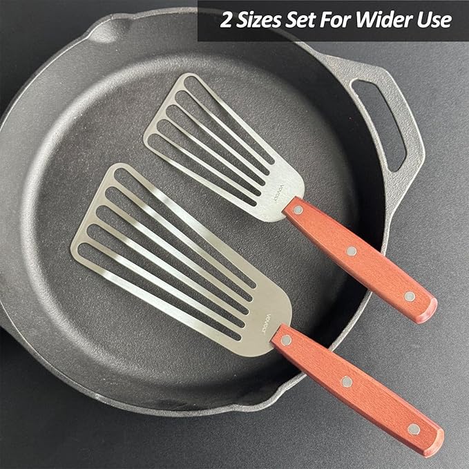2 Pack Fish Spatula Turner, Stainless Steel Slotted Spatulas for Flipping, Turning, Frying & Grilling, 3"x6"+4"x8" Metal Slotted Spatulas, Wooden Full Tang Handle & Curved Blade