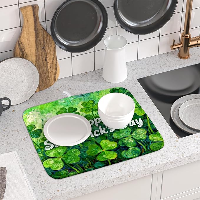 St Patricks Day Lucky Clover Dish Drying Mat