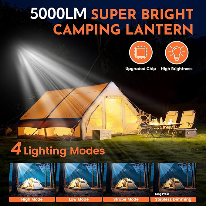 12000mAh 5000LM Camping Lights 2Pack, 42W Camping Lantern Rechargeable up to 200H, Lanterns for Power Outages, Hanging Tent Lights, Magnet Work Light, Waterproof Emergency Light for Outdoor, Hurricane