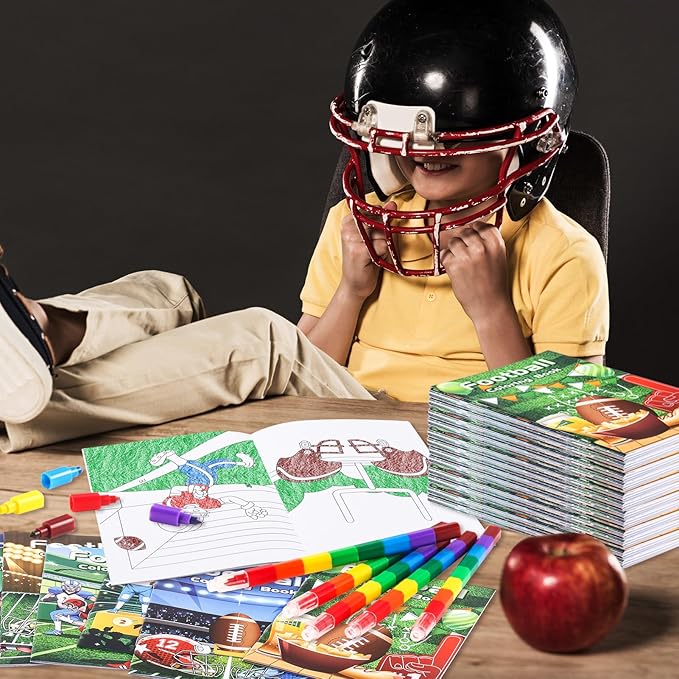 BenLouis 12 Football Mini Coloring Books Kids with 12 Stacking Crayons Sports Football Theme Party Favors Small Activity Books Bulk for Kids Super Football Bowl Party Gift Goodie Bag Stuffers