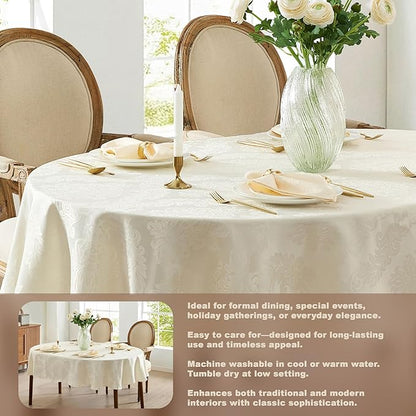Newbridge Barcelona Luxury Damask Fabric Tablecloth, 60” Wide x 84” Oval, Antique White, 100% Polyester, No Iron, Soil Resistant Dining Room, Party and Banquet Table Cover