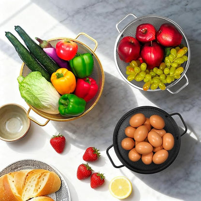 3PCS Three Colors Mix Colander Set, 3QT Black & 4QT Silver & 5QT Gold,