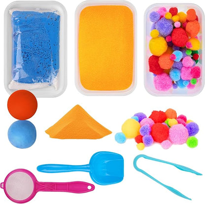 Sensory Kit for Toddlers and Kids - Includes 3 Bins with Lids, Play Tools, Sand, Feathers, Clay, Color Beads and Pom Poms Kids Box Fillers (Starter Set)