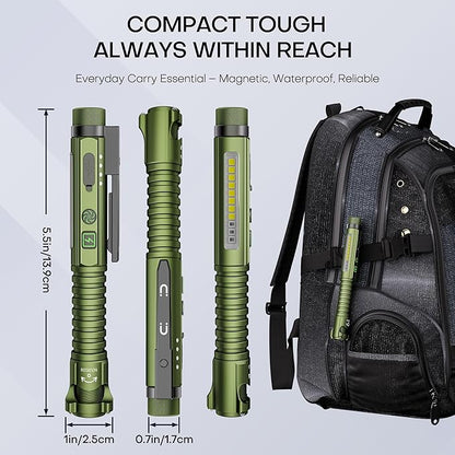 EDC Flashlight Rechargeable,800 Lumen Small Flashlight with Magnetic Clip & Base, 11 Modes LED Flashlight,Glass Breaker&Bottle Opener, USB-C Flashlight for Working,Home and Emergency